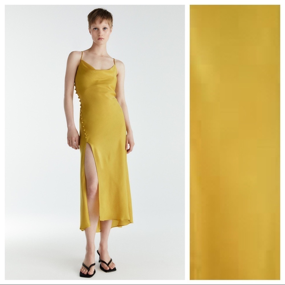 NWT. Zara Mustard Satin Lingerie Style Midi Dress. Size XS.